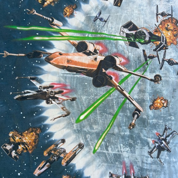 VTG Rare 1997 Star Wars Liquid Blue Tee Mens XL AOP Millennium Falcon Death Star - Picture 9 of 9